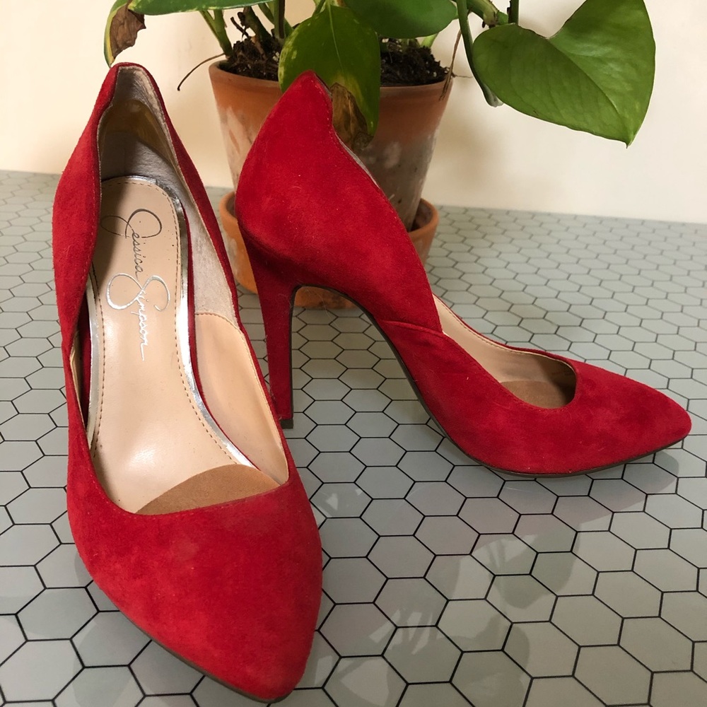 Red Suede Jessica Simpson Stiletto Pumps 5.5
